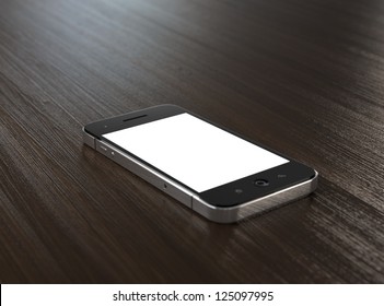 3D Illustration Of Modern Mobile Phone With Blank Screen On Wooden Table.