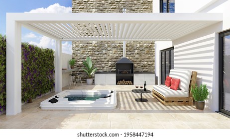 3D illustration of modern urban patio with white bioclimatic pergola and whirlpool. Barbecue and white pallet couch next to hot whirlpool bath.