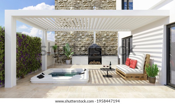 3D illustration of modern urban patio\
with white bioclimatic pergola and whirlpool. Barbecue and white\
pallet couch next to hot whirlpool\
bath.