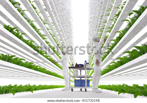 3D illustration of a modern vertical farming\
system and its employees taking care of plants. Plant food\
production in vertically stacked layers.\
