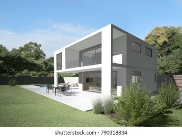 3D Illustration Of Modern Villa With Terrace And Garden.

Clean Design And Materials. Peaceful Background And Sitting On The Terrace The Straight From Living Room.