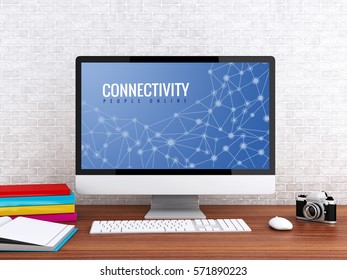 3D illustration. Modern workspace and computer with word CONNECTIVITY. Technology and Network concept.