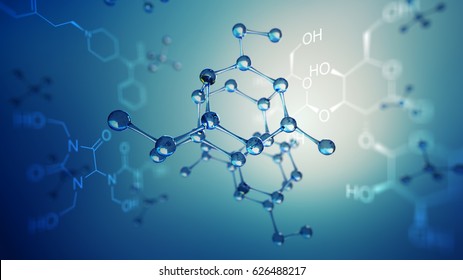 3d illustration of molecule model. Science background with molecules chemical formulas