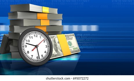 3d illustration of money stack over digital background with clock