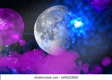 3D Illustration Of The Moon Among The Stars Using Photoshop.