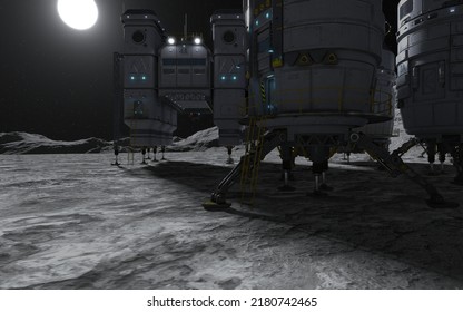 3D Illustration. Moon Colony. Base On Moon. Life On Moon.