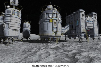 3D Illustration. Moon Colony. Base On Moon. Life On Moon.