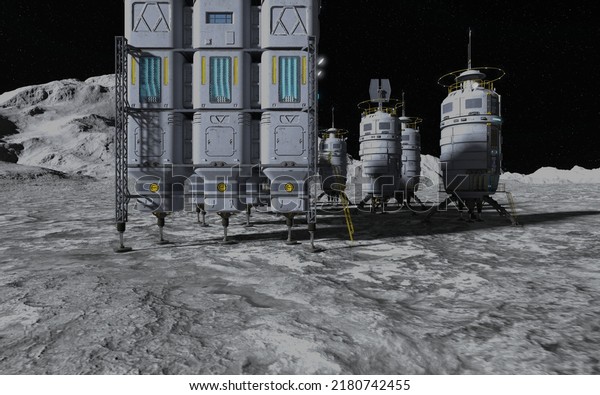 3D\
Illustration. Moon colony. Base on Moon. Life on\
Moon.