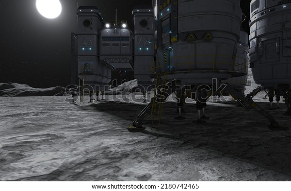 3D\
Illustration. Moon colony. Base on Moon. Life on\
Moon.