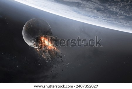 3D illustration of Moon exploding. High quality digital space art in 5K - realistic visualization
