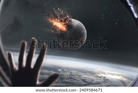 3D illustration of Moon exploding. High quality digital space art in 5K - realistic visualization