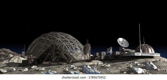 3D Illustration Of A Moon Outpost Colony With A Geodesic Dome Housing A Vertical Garden Pyramid, For Space Exploration, Terraforming And Colonization, Or Science Fiction Backgrounds.