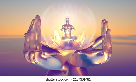 3d Illustration Morning Meditation In The Hands Of A Translucent God