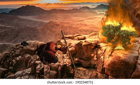 3D Illustration Of Moses And The Burning Bush