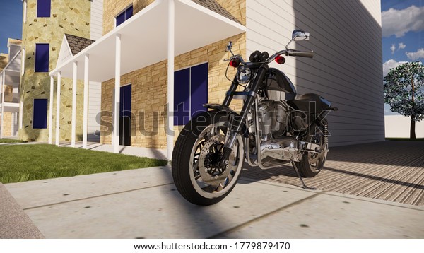 3D Illustration\
Motor cycle Vehicle with fancy decorated modern houses at the\
background and a cloudy blue sky rendered showing Motor cycle\
details and specific epic angles\
3d