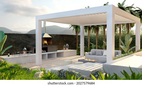3D illustration of motorized bio climatic pergola on private outdoor wooden deck surrounded by tropical garden. Luxury terrace with cosy sofa set and barbecue area.