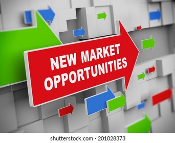 3d Illustration Of Moving Arrow Of Market Opportunities On Abstract Wall Background.