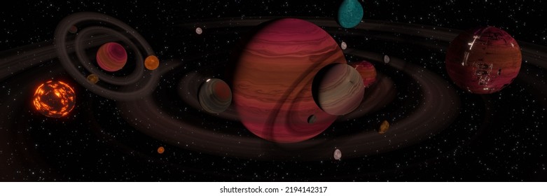 3d Illustration, Of A Multi Orbital System Of Gas Giants And Rocky Planets.