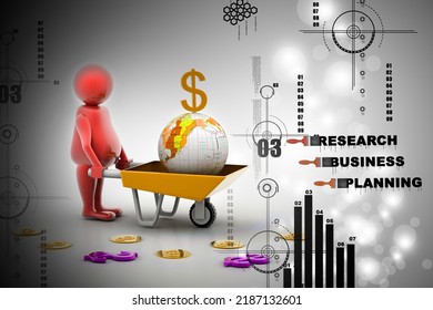 3d illustration of  multi use Gold Coin In and earth Wheelbarrow. Business growth and profit