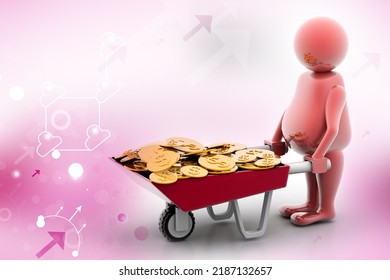 3d illustration of multi use Gold Coin In Wheelbarrow. Business growth and profit
