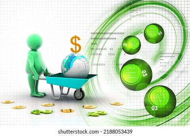 3d illustration of multi use Gold Coin In and earth Wheelbarrow. Business growth and profit