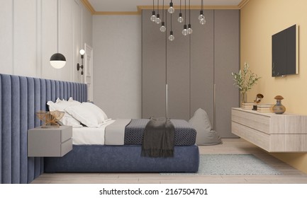 3d Illustration. Multifunctional Bedroom And Workspace Interior With Bed And Desk. Cozy Stylish Bedroom Designed For Teenager. Bright Interior In Blue And Yellow. 3D Rendering.