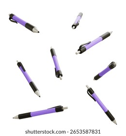 3D illustration of multiple floating ballpoint pens with purple and black body, isolated on white background for creative and educational design.

