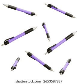 3D illustration of multiple floating ballpoint pens with purple and black body, isolated on white background for creative and educational design.

