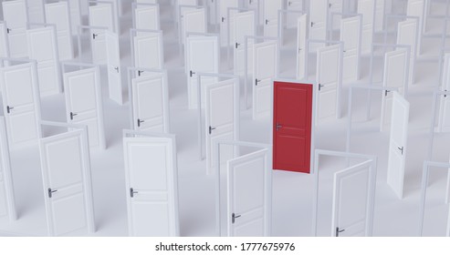 3D Illustration Of Multiple Open Doors With One Red Close Door