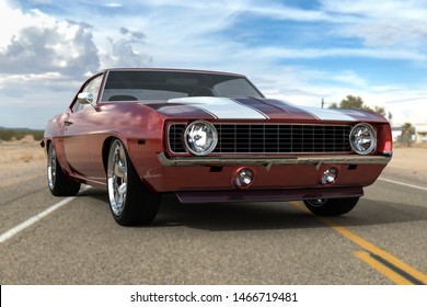 3D Illustration Muscle Red Car Rendering. Vintage Car On A Desert Highway.