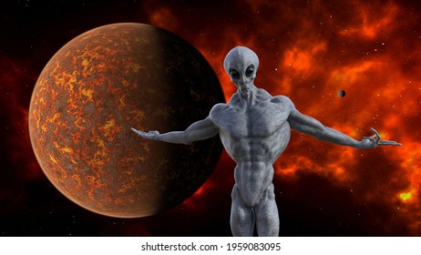 3d Illustration Of A Muscled Gray Alien Standing With Arms Outstretched In A Whatever Pose With A Fiery Red Planet And Nebula In The Background.