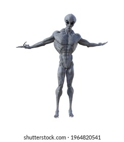 3d Illustration Of A Muscled Gray Alien Standing With Arms Outstretched In A Whatever Pose Isolated On A White Background.