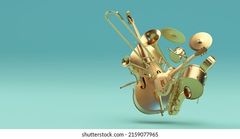 3D illustration music instruments gold guitar violin bass trumpet saxophone trombone