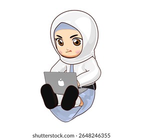 3D illustration of a Muslim schoolgirl wearing hijab, sitting and focused on using a laptop, studying or working on her computer.

