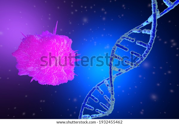 3D Illustration of a mutating stem\
cell with a DNA strand which defines its\
identity.