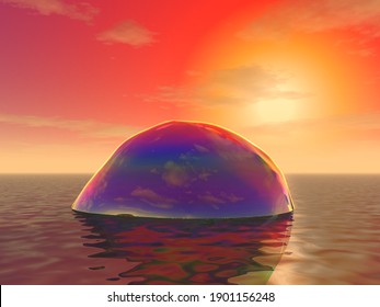 3d illustration: "Mysterious rainbow ball in the ocean against the sunset"