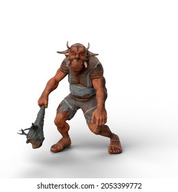 3D Illustration Of A Mythical Troll Creature Holding A Large Wooden Club Weapon Isolated On A White Background.