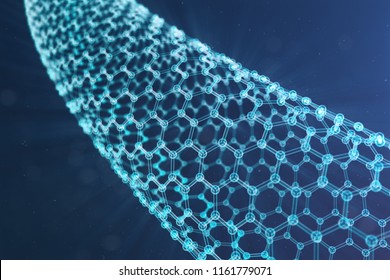 3D Illustration nanotechnology, glowing hexagonal geometric form close-up, concept graphene atomic structure, concept graphene molecular structure. Science illustration