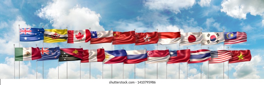 3D Illustration With National Flags Of The 21 Countries Which Are Members Of The Asia Pacific Economic Cooperation (APEC) Organization