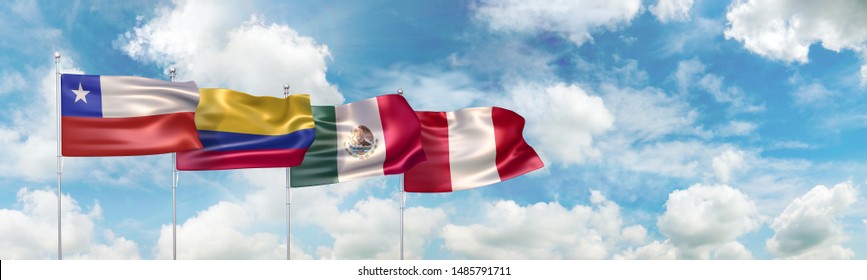 3D Illustration With The National Flags Of The Four Countries Which Are Full Member States Of The Pacific Alliance