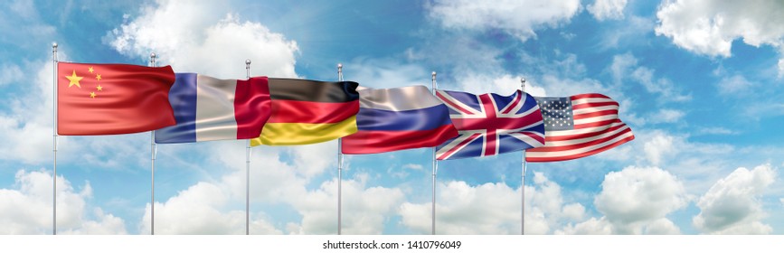 3D Illustration With The National Flags Of The Six Member States Of The P5+1 Group (permanent Members Of The United Nations Security Council + Germany)