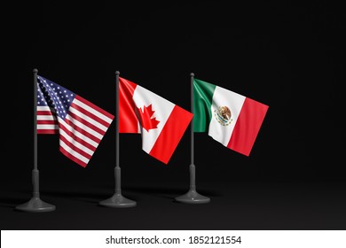 3D-Illustration der nationalen Flaggen der USA, Kanadas und Mexikos auf einem Metallflagge auf schwarzem Hintergrund.Konzept der Export-Import, Transport, Lieferung von Waren. 