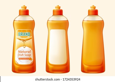 3d Illustration Natural Orange Dish Soap Mockup Set, One With Designed Label And The Other With Blank Label