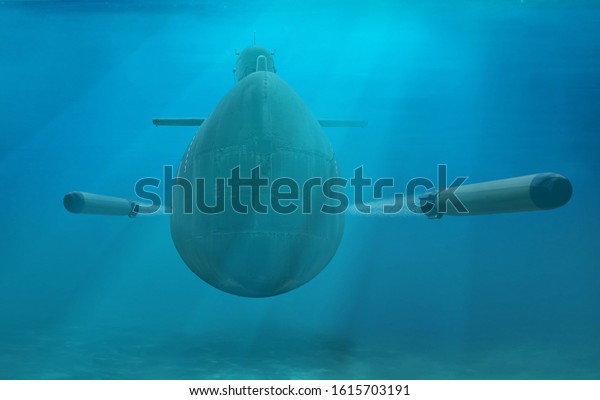 3D illustration naval submarine firing\
torpedoes underwater