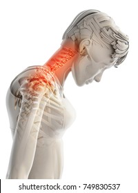 3D illustration, neck painful - cervical spine skeleton x-ray, medical concept.