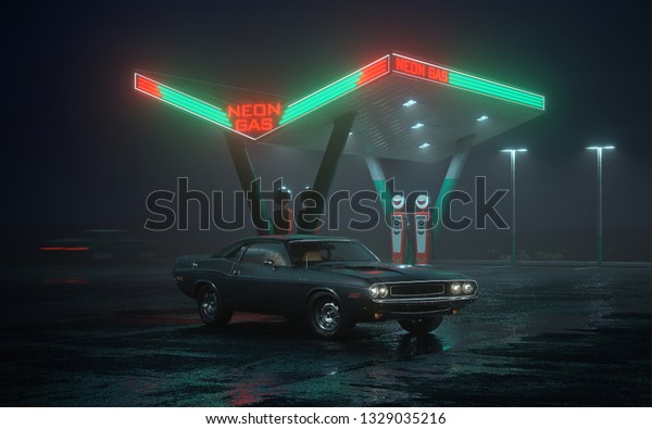 ネオンガススタンドとレトロな車の3dイラスト 夜と雨が降る霧 アスファルト上の反射色 のイラスト素材