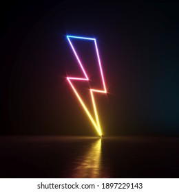 3d illustration. Neon lightning sign symbol in a dark room. Gradient LED light. Abstraction