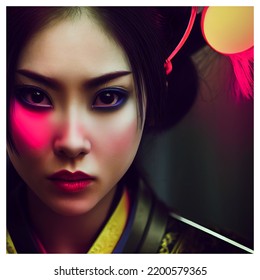 3D Illustration Of Neon Magenta Colored Samurai Woman Face. 3D Illustration. Character.