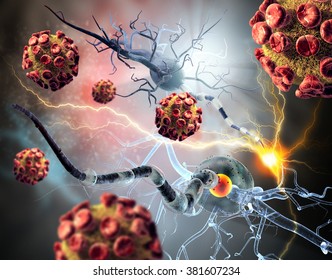 3d Illustration Of Nerve Cells.  Viruses Attacking Nerve Cells, Concept For Neurologic Diseases, Tumors And Brain Surgery. 