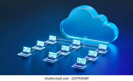 3D illustration: Network of Laptop Computers with Charts Connected to a Cloud. Concept of Cloud Computing, Virtualization and Cloud Storage and Virtual Workspace for Teams.